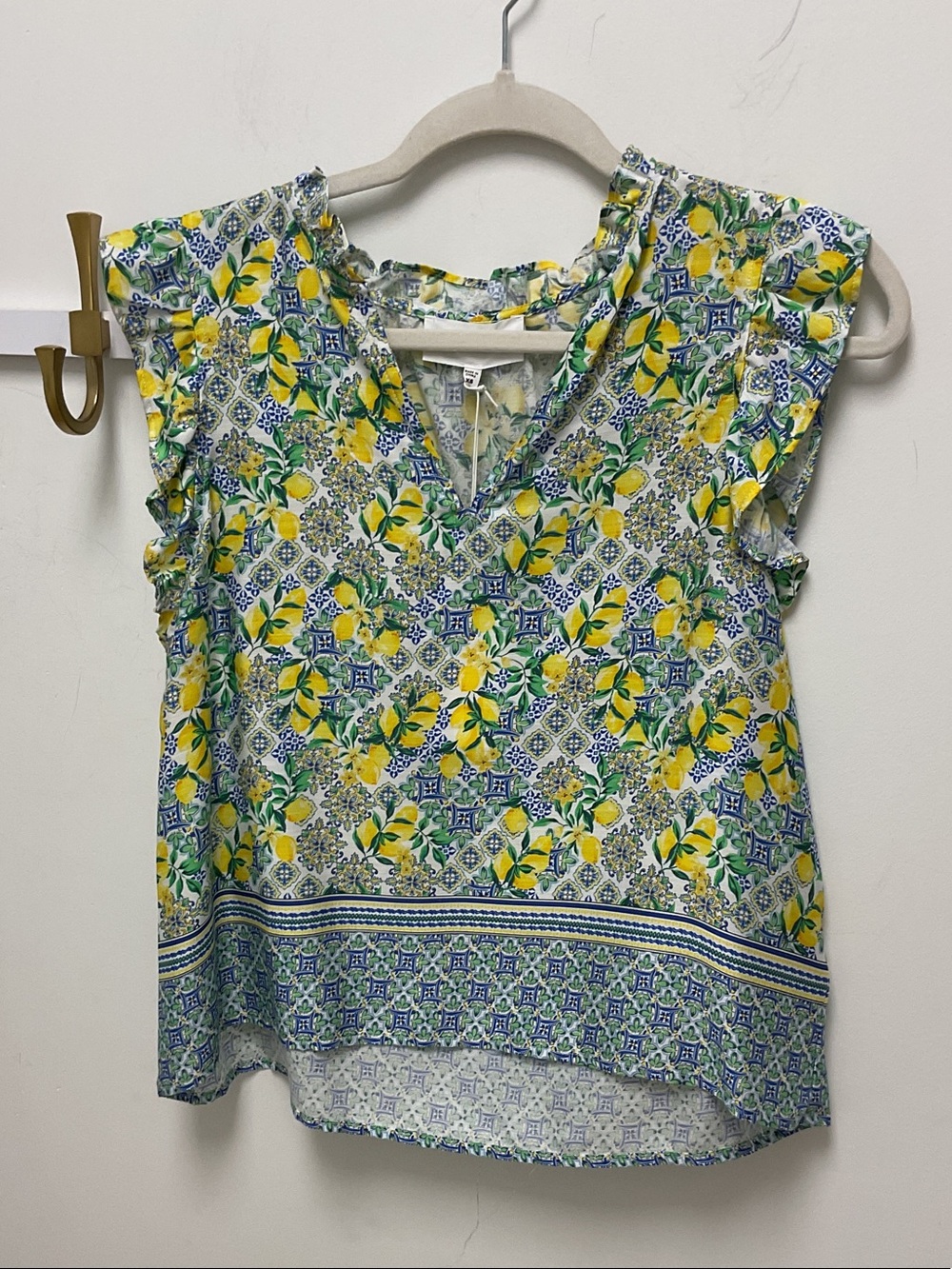 Dear John Yellow & Blue Lemon Print Ruffle Sleeve Top